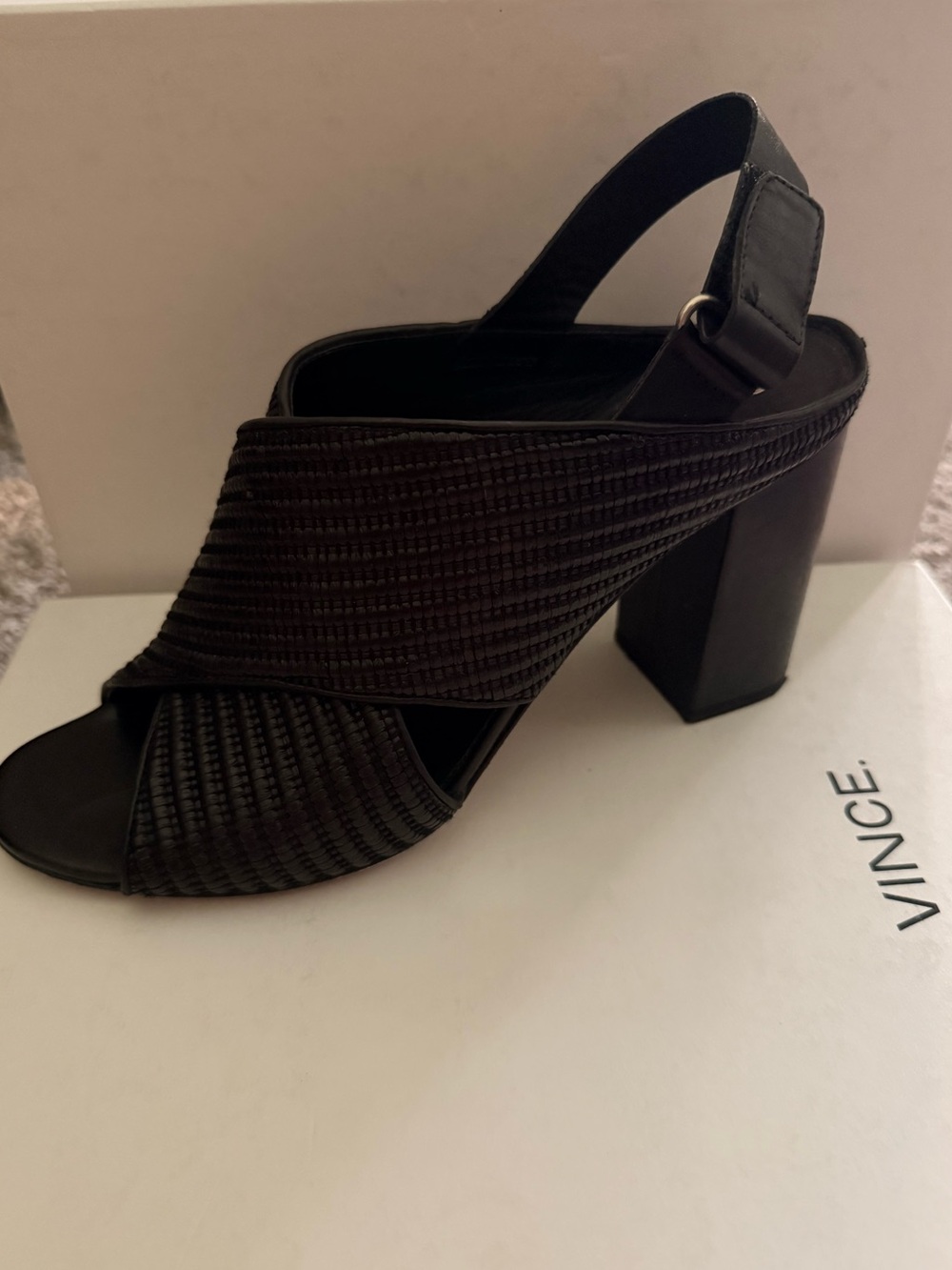 Vince Black Woven Crossover Slingback Block Heel